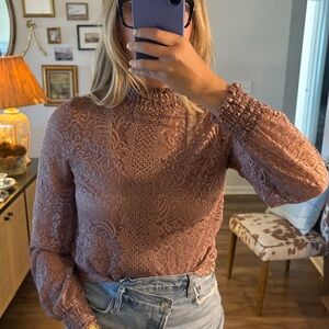Cable & Gauge Lace Long Sleeve Top in Brown